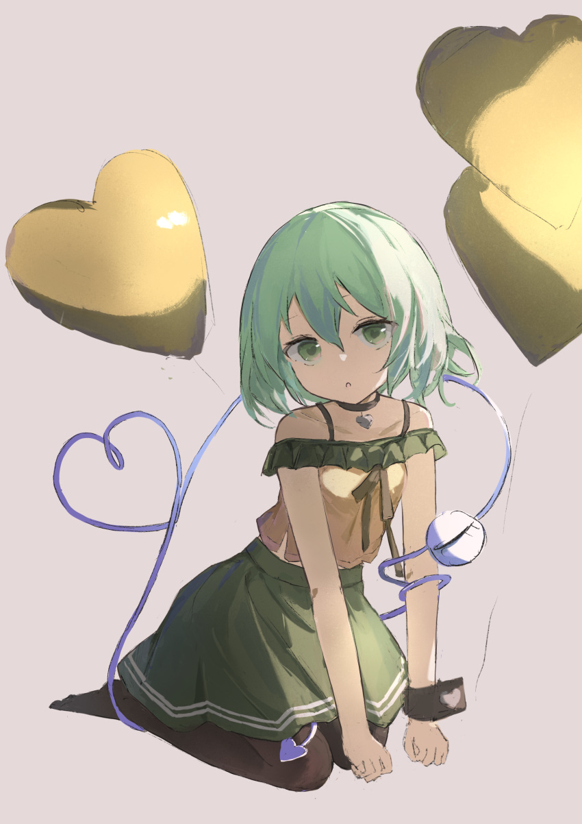 1girl, :o, a_pomelo, absurdres, adapted_costume, balloon, bare_shoulders, breasts, choker, green_eyes, green_hair, heart, heart-shaped_pupils, heart_balloon, heart_choker, heart_of_string, highres, komeiji_koishi, looking_at_viewer, no_hat, no_headwear, off-shoulder_shirt, off_shoulder, pantyhose, seiza, shirt, short_hair, sitting, skirt, small_breasts, solo, symbol-shaped_pupils, third_eye, touhou, wrist_cuffs