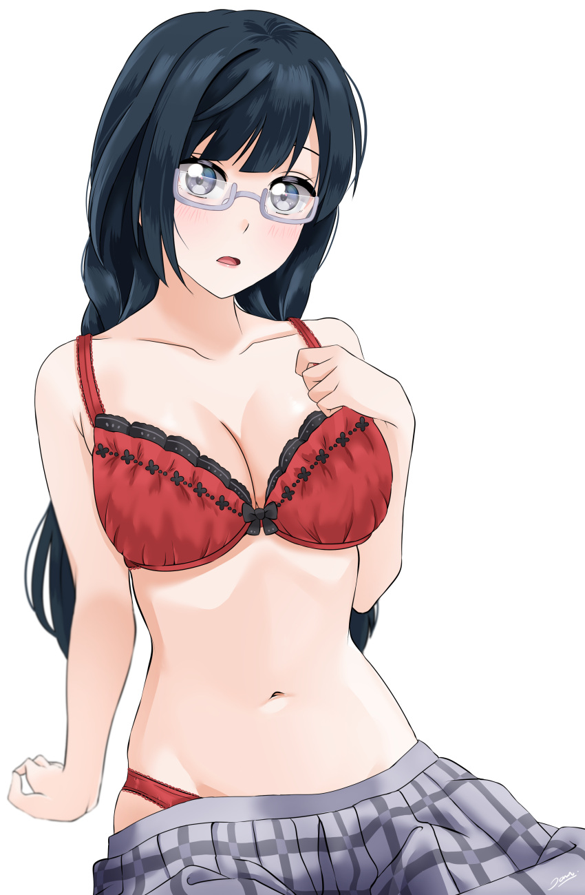 1girl, absurdres, arm_support, black_hair, blush, bra, breasts, grey_skirt