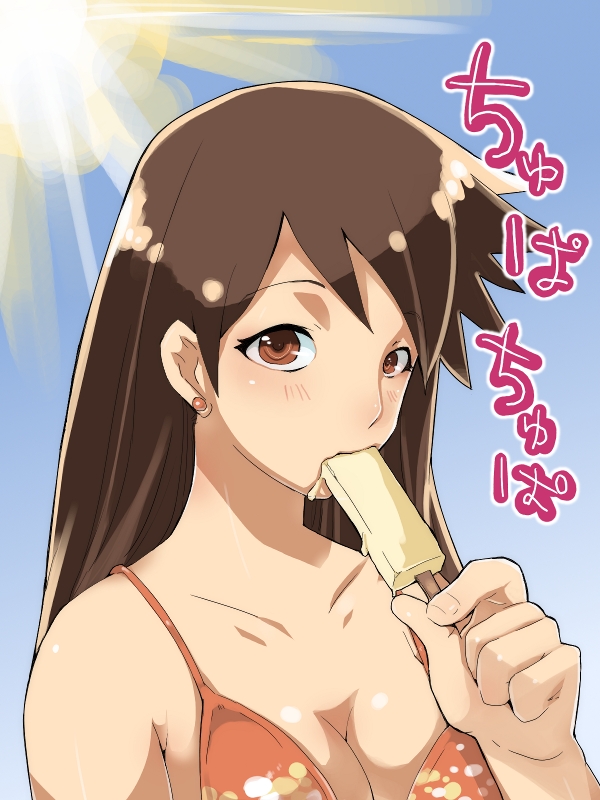 bikini, bikini_top, breasts, brown_eyes, brown_hair, cleavage, earrings, eating