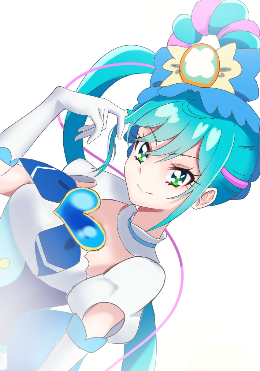 1girl, blue_dress, blue_neckerchief, breasts, copyright_name, cure_spicy, delicious_party_precure, dress