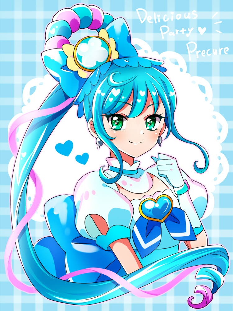 1girl, blue_background, blue_dress, copyright_name, cure_spicy, delicious_party_precure, dress, earrings