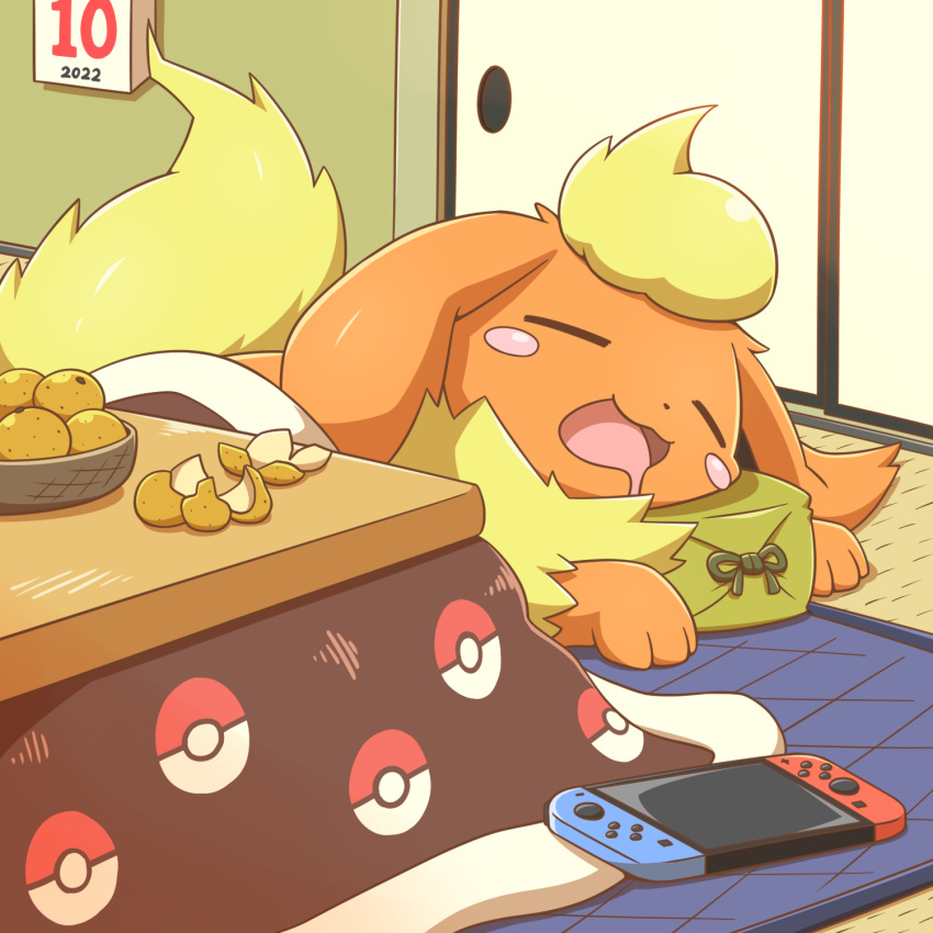 basket, blush_stickers, calendar_(object), closed_eyes, commentary_request, drooling, flareon, highres