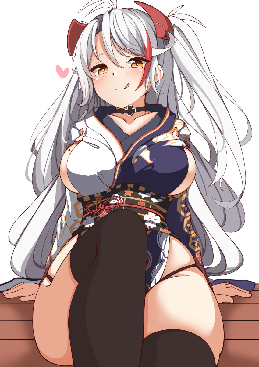 1girl, :p, absurdres, ahoge, arm_support, azur_lane, bangs, black_legwear, breasts, choker, cross, eyebrows_visible_through_hair, hair_between_eyes, hair_ornament, heart, highres, iron_cross, large_breasts, licking_lips, long_hair, looking_at_viewer, mole, mole_on_breast, moyoron, prinz_eugen_(azur_lane), simple_background, sitting, sittng, smile, solo, thigh-highs, thighs, tongue, tongue_out, two-tone_dress, white_background, white_hair, wooden_floor, yellow_eyes