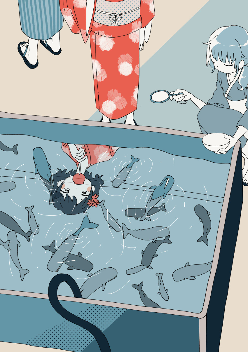 ._., 2girls, absurdres, animal, bangs, black_eyes, black_hair, blue_kimono