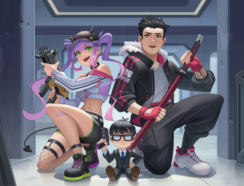 1girl, 2boys, absurdres, apex_legends, bangs, baseball_cap, bibi_(tokoyami_towa), black_footwear