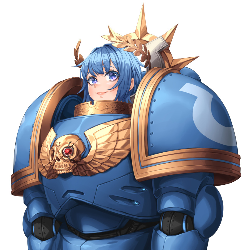 1girl, absurdres, armor, blue_eyes, blue_hair, closed_mouth, eyebrows_visible_through_hair, eyelashes, highres, laurel_crown, multicolored_eyes, naidong, naidong_(artist), original, pauldrons, short_hair, shoulder_armor, simple_background, skull, smile, solo, space_marine, violet_eyes, warhammer_40k, white_background