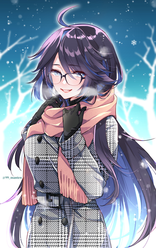 1girl, bare_tree, black_gloves, black_hair, blue_hair, breasts, colored_inner_hair, cowlick