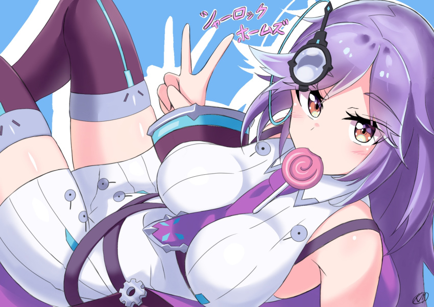 armpits, belt, between_breasts, breasts, candy, food, highres, kobayashi_macchan, large_breasts, monster_strike, necktie, necktie_between_breasts, purple_hair, sherlock_holmes_(monster_strike), simple_background, thigh-highs, thighs, v