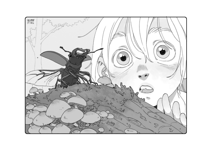 1girl, bangs, beetle, blush, border, bug, carlotta_dicataldo, close-up, eyebrows, eyebrows_visible_through_hair, face, greyscale, hair_between_eyes, halftone, hand_up, highres, looking_at_viewer, monochrome, mushroom, nose, nostrils, open_hand, open_mouth, original, outdoors, portrait, rebis_(carlotta_dicataldo), rounded_corners, signature, solo, stag_beetle, teeth, thick_eyebrows, tree, white_border, wide-eyed