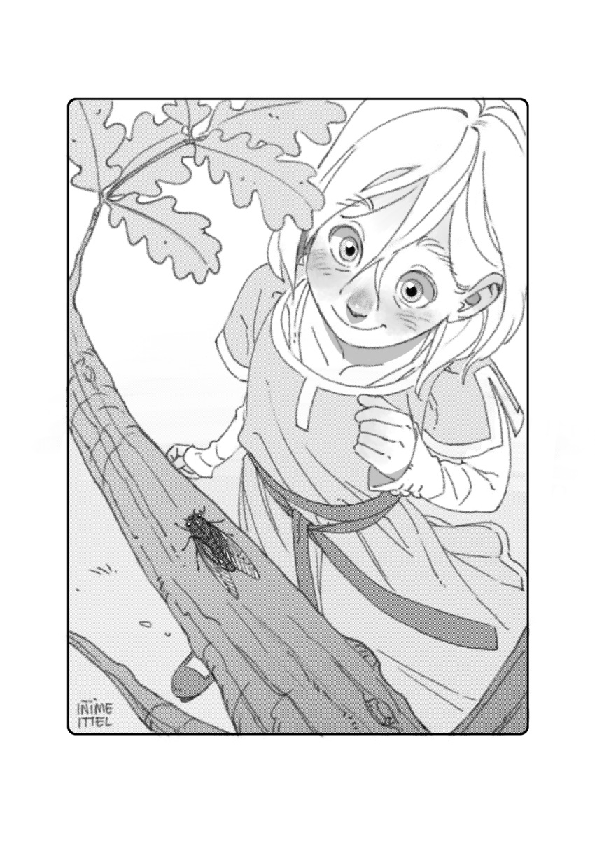 1girl, arm_at_side, bangs, blush, border, branch, bug, carlotta_dicataldo