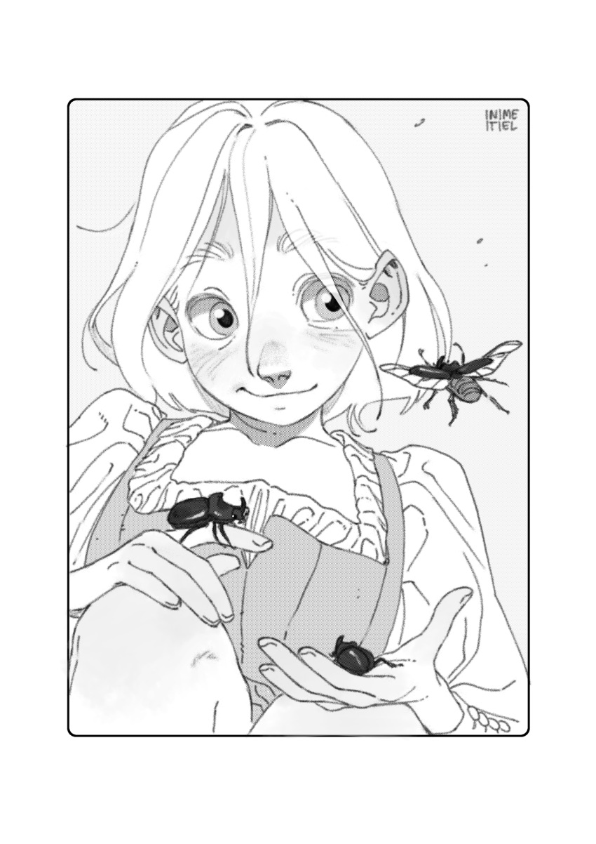1girl, :3, animal, animal_on_finger, animal_on_hand, bangs, beetle, blush