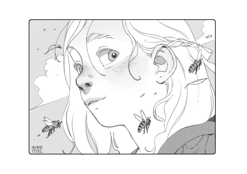 1girl, bee, blush, border, braid, bug, carlotta_dicataldo, close-up, clouds, ears, eyebrows, face, french_braid, from_side, greyscale, hair_behind_ear, half_updo, halftone, highres, leaf, looking_to_the_side, medium_hair, monochrome, nose, nose_blush, nostrils, original, outdoors, parted_lips, portrait, rebis_(carlotta_dicataldo), rounded_corners, signature, smile, solo, thick_eyebrows, white_border, wind