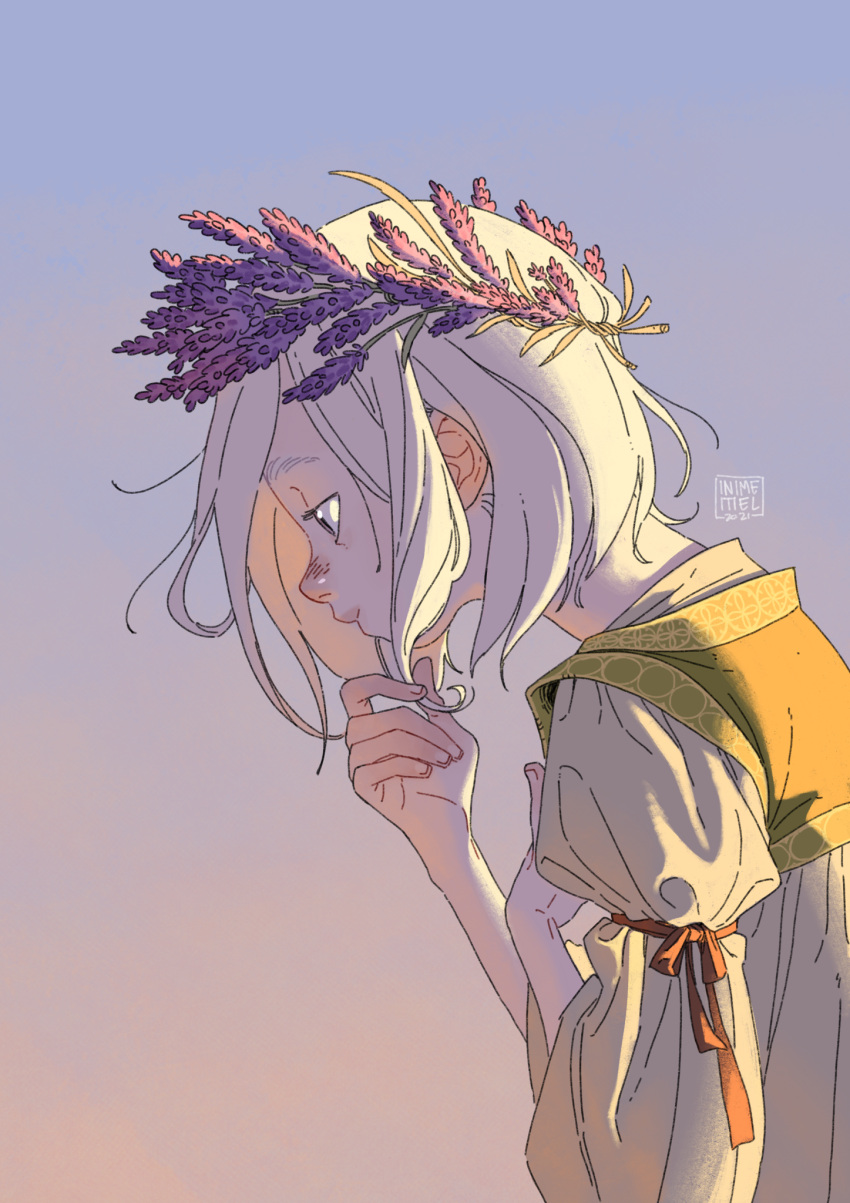 1girl, backlighting, blush, brown_ribbon, carlotta_dicataldo, closed_mouth, dated, evening, eyebrows, fingernails, floating_hair, flower, flower_wreath, from_side, gradient_sky, hair_twirling, half-closed_eyes, hand_in_hair, hand_on_own_chest, hands_up, head_wreath, highres, lavender_(flower), light_smile, long_sleeves, looking_away, looking_down, nose, nose_blush, nostrils, original, outdoors, profile, puffy_long_sleeves, puffy_sleeves, purple_flower, purple_sky, rebis_(carlotta_dicataldo), ribbon, short_hair, signature, sky, sleeve_ribbon, solo, sunlight, sunset, thick_eyebrows, twilight, upper_body, white_hair, wide_sleeves, wind