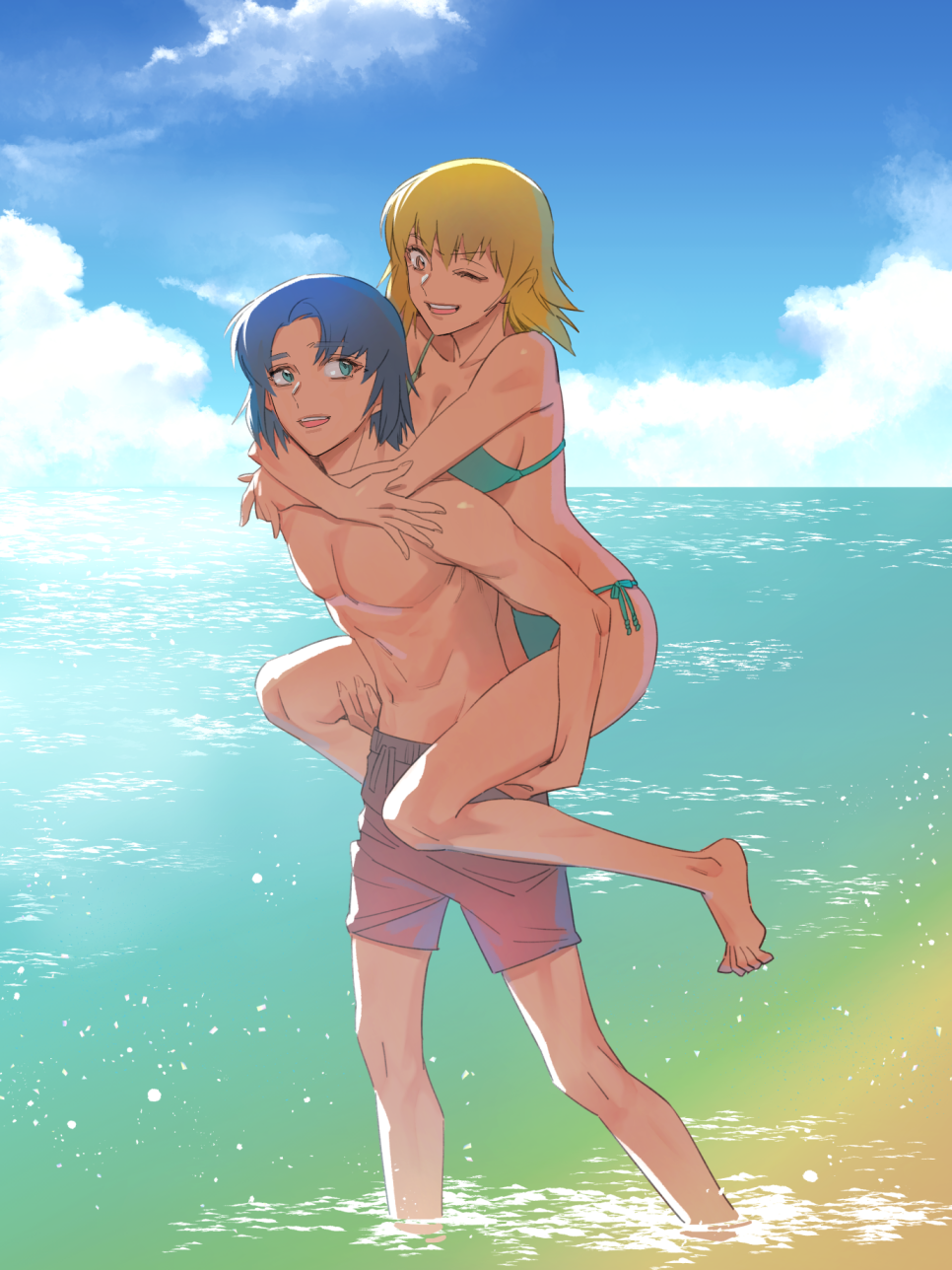 1boy, 1girl, :d, ;d, aqua_bikini, aqua_eyes, athrun_zala, barefoot, bikini, blonde_hair, blue_hair, blue_sky, breasts, brown_eyes, cagalli_yula_athha, carrying, clouds, couple, day, gundam, gundam_seed, hetero, highres, long_hair, looking_at_another, looking_back, male_swimwear, medium_breasts, medium_hair, nito_minatsuki, ocean, one_eye_closed, outdoors, piggyback, side-tie_bikini, sideboob, sky, smile, soaking_feet, swimsuit