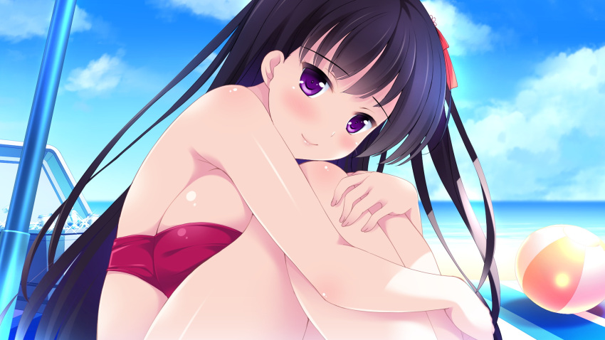 1girl, ball, bangs, beach, beachball, bikini, black_hair, blue_sky
