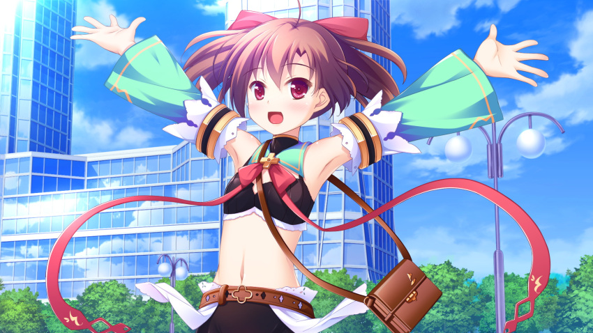 1girl, :d, ahoge, armpits, arms_up, bag, bangs, belt