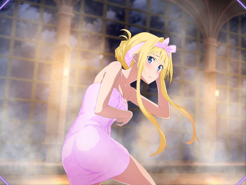 1girl, alice_zuberg, bangs, bare_arms, bare_shoulders, blonde_hair, blue_eyes, blush