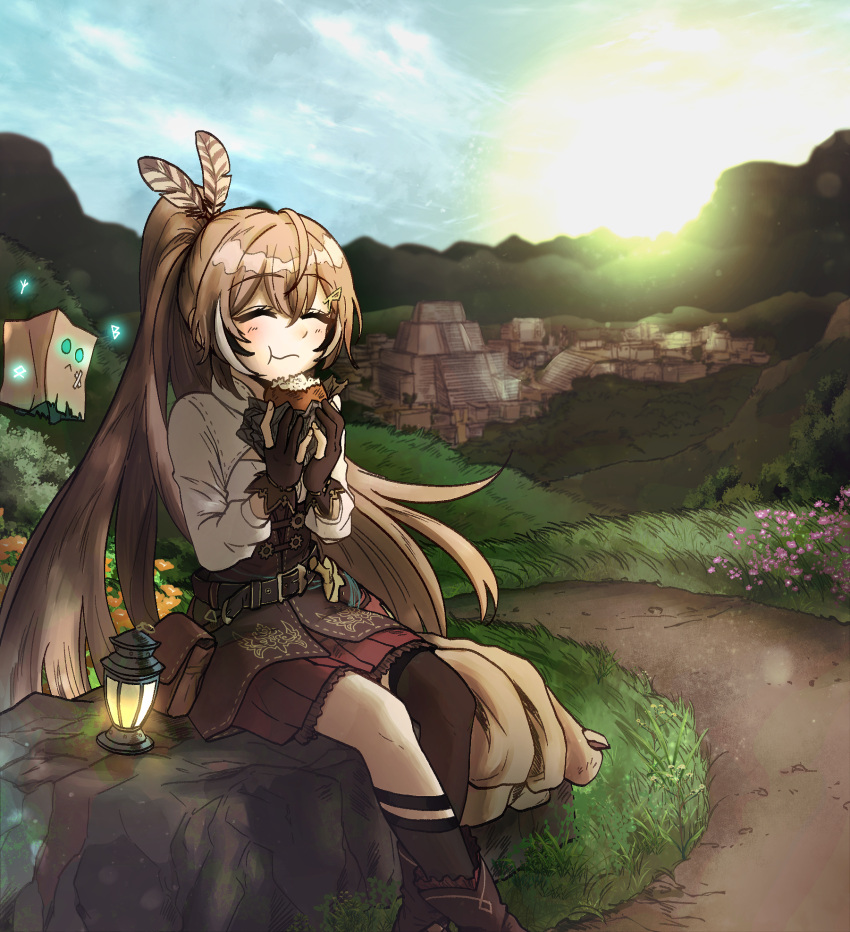 1girl, belt, cloak, cloak_removed, corset, dagger, ddolbang, feathers