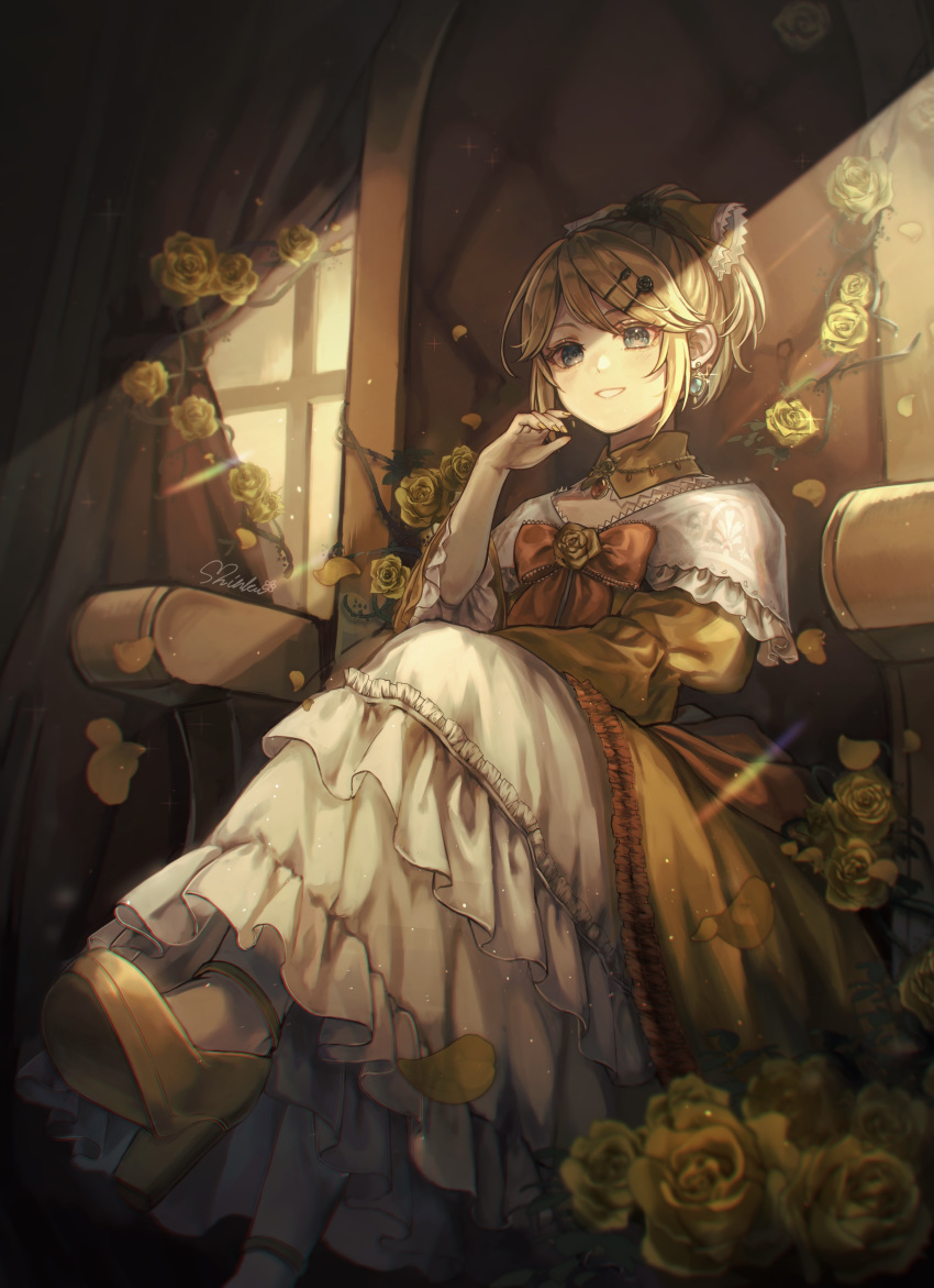 1girl, absurdres, aku_no_musume_(vocaloid), bangs, blonde_hair, blue_eyes, blush, bow, choker, crossed_legs, curtains, diffraction_spikes, dress, dress_bow, dress_flower, earrings, evillious_nendaiki, flower, frilled_dress, frilled_sleeves, frills, hair_bow, hair_ornament, hairclip, hand_on_own_cheek, hand_on_own_face, high_heels, highres, jewelry, kagamine_rin, light_rays, orange_bow, petals, petticoat, project_sekai, riliane_lucifen_d'autriche, rose, sepia, shinku, shinku_(user_vvsh7744), signature, smile, solo, swept_bangs, thorns, throne, throne_room, updo, vocaloid, white_legwear, window, yellow_bow, yellow_dress, yellow_flower, yellow_nails, yellow_rose