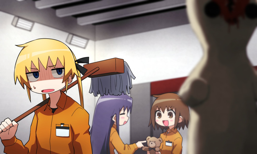 1other, 3girls, alternate_costume, ambiguous_gender, black_ribbon, blonde_hair, blue_eyes, blue_hair