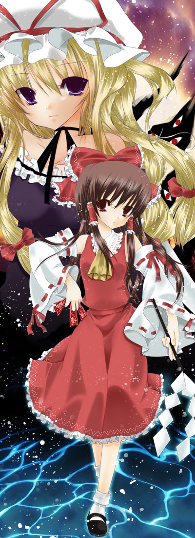 blonde_hair, brown_hair, detached_sleeves, hakurei_reimu, hat, ichiru, touhou, yakumo_yukari