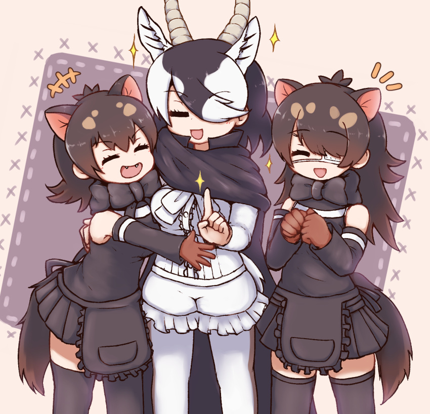3girls, :d, =_=, ^_^, animal_ears, aticotta, australian_devil_(kemono_friends), bare_shoulders