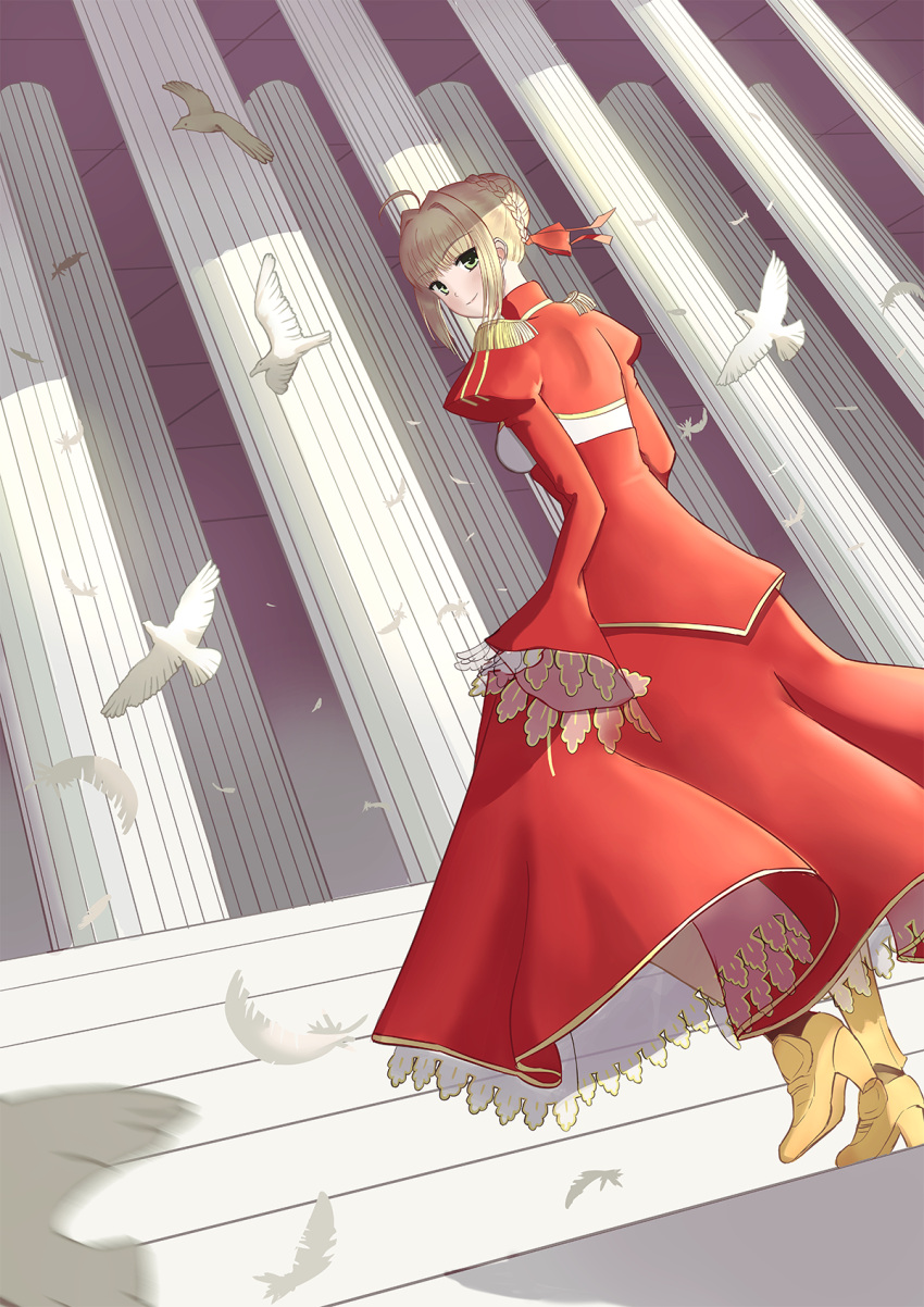 1girl, aestus_estus, ahoge, blonde_hair, braid, breasts, cleavage, commentary_request
