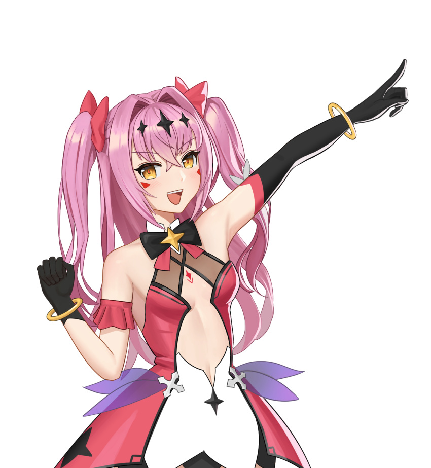 1girl, bare_shoulders, black_gloves, blush, bow, bowtie, bracelet, clothing_cutout, commentary_request, dress, epic_seven, eyebrows_visible_through_hair, facial_mark, gloves, gold_bracelet, hair_between_eyes, hair_bow, hair_ornament, highres, jewelry, korean_commentary, luluca_(epic_seven), masca, multicolored_bow, multicolored_bowtie, open_mouth, orange_eyes, pink_hair, pointing, red_bow, red_pupils, simple_background, smile, solo, star_(symbol), star_hair_ornament, teeth, top_model_luluca_(epic_seven), upper_teeth, white_background
