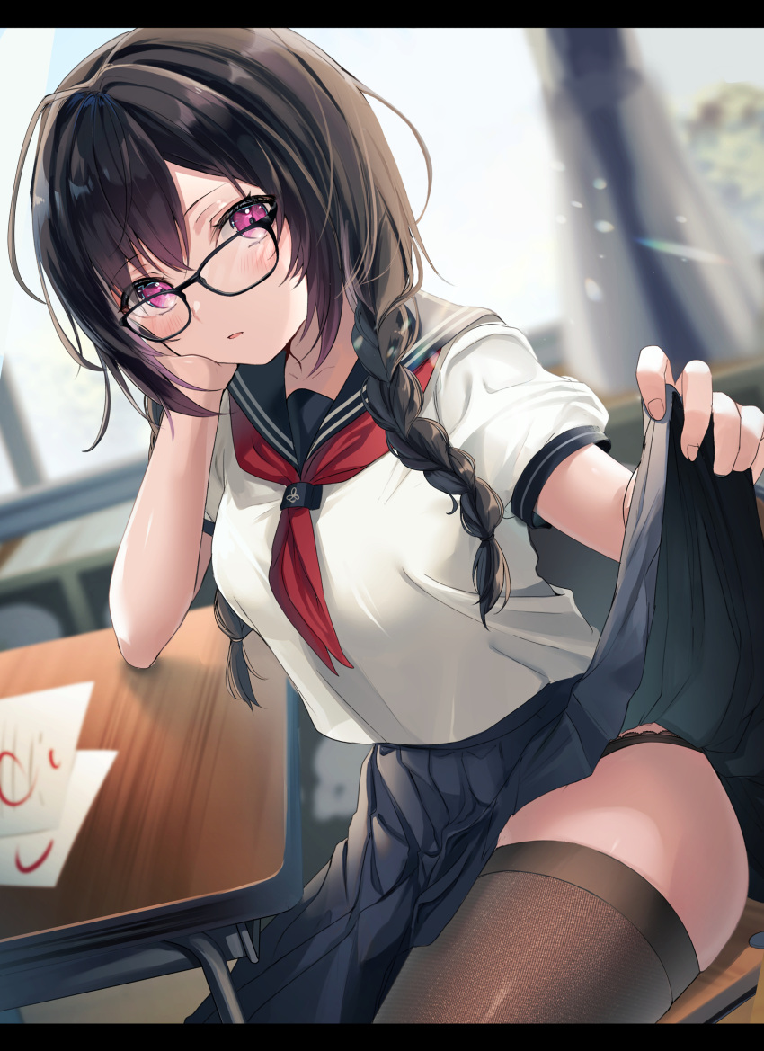 1girl, absurdres, bangs, black_hair, black_panties, blue_sailor_collar, blue_skirt, blush