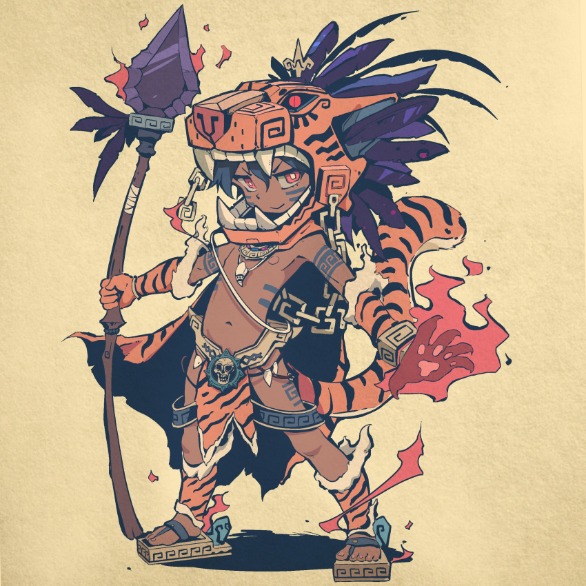 1boy, 2022, absurdres, animal_hands, animal_print, armor, aztec, child, chinese_zodiac, commentary, dark-skinned_male, dark_skin, english_commentary, gloves, highres, holding, holding_weapon, ink, loincloth, looking_at_viewer, male_focus, midriff, moonshen_timojim, original, paw_gloves, pelvic_curtain, polearm, procreate_(medium), short_hair, smile, soldier, solo, spear, tail, tiger_boy, tiger_print, tiger_stripes, tiger_tail, warrior, weapon, year_of_the_tiger