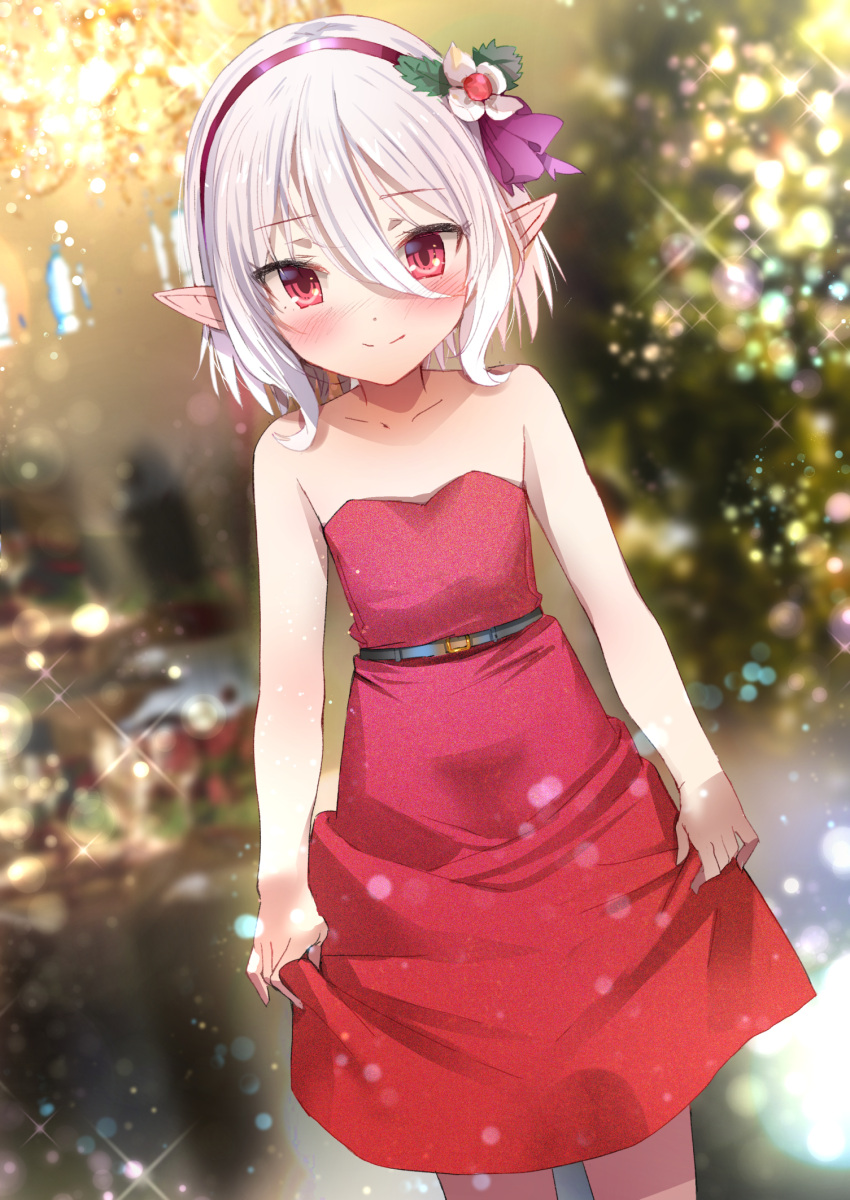 1girl, blurry, blurry_background, blush, christmas, closed_mouth, dress, dutch_angle