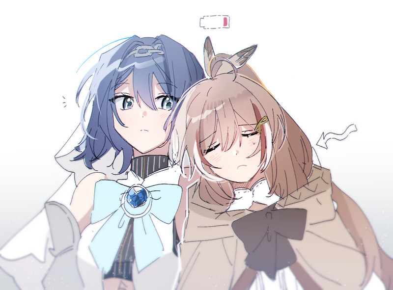 ahoge, battery_indicator, blue_eyes, blue_hair, brown_hair, cloak, feathers, gem