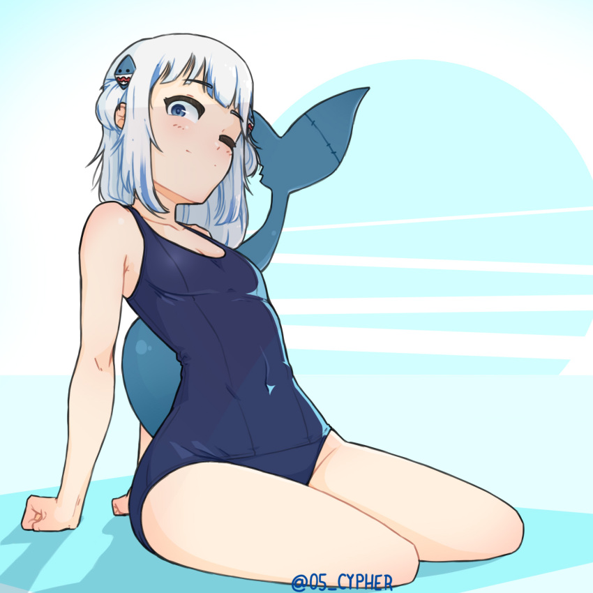 blue_eyes, blush, breasts, cypher_05, fish_tail, flat_chest, full_body, gawr_gura