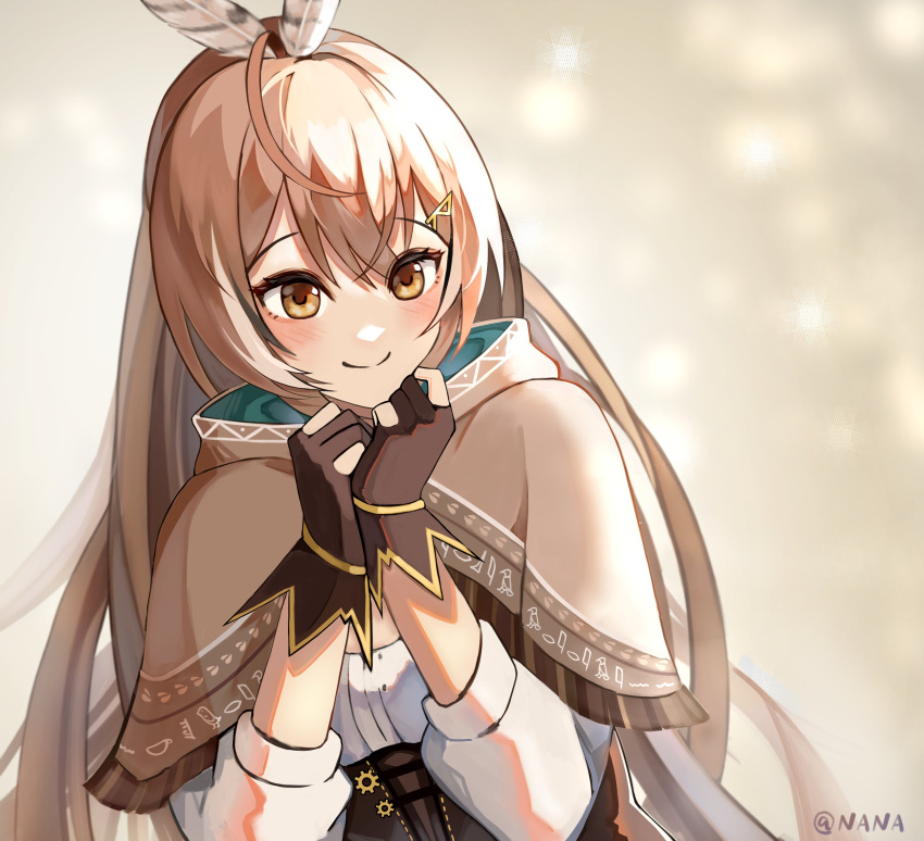 1girl, absurdres, ahoge, bangs, blush, brown_eyes, brown_hair, cloak