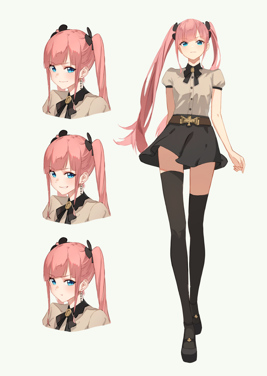 1girl, absurdres, arms_at_sides, belt, belt_buckle, black_footwear, black_skirt, blue_eyes, breasts, buckle, closed_mouth, clothes_lift, club_(shape), collar, expressions, full_body, hara_kenshi, highres, jewelry, legs, long_hair, looking_at_viewer, miniskirt, original, pendant, pink_hair, platform_footwear, pout, puffy_short_sleeves, puffy_sleeves, shirt_tucked_in, short_sleeves, skirt, skirt_lift, small_breasts, smile, solo, tan_shirt, tattoo, thigh-highs, twintails, zettai_ryouiki