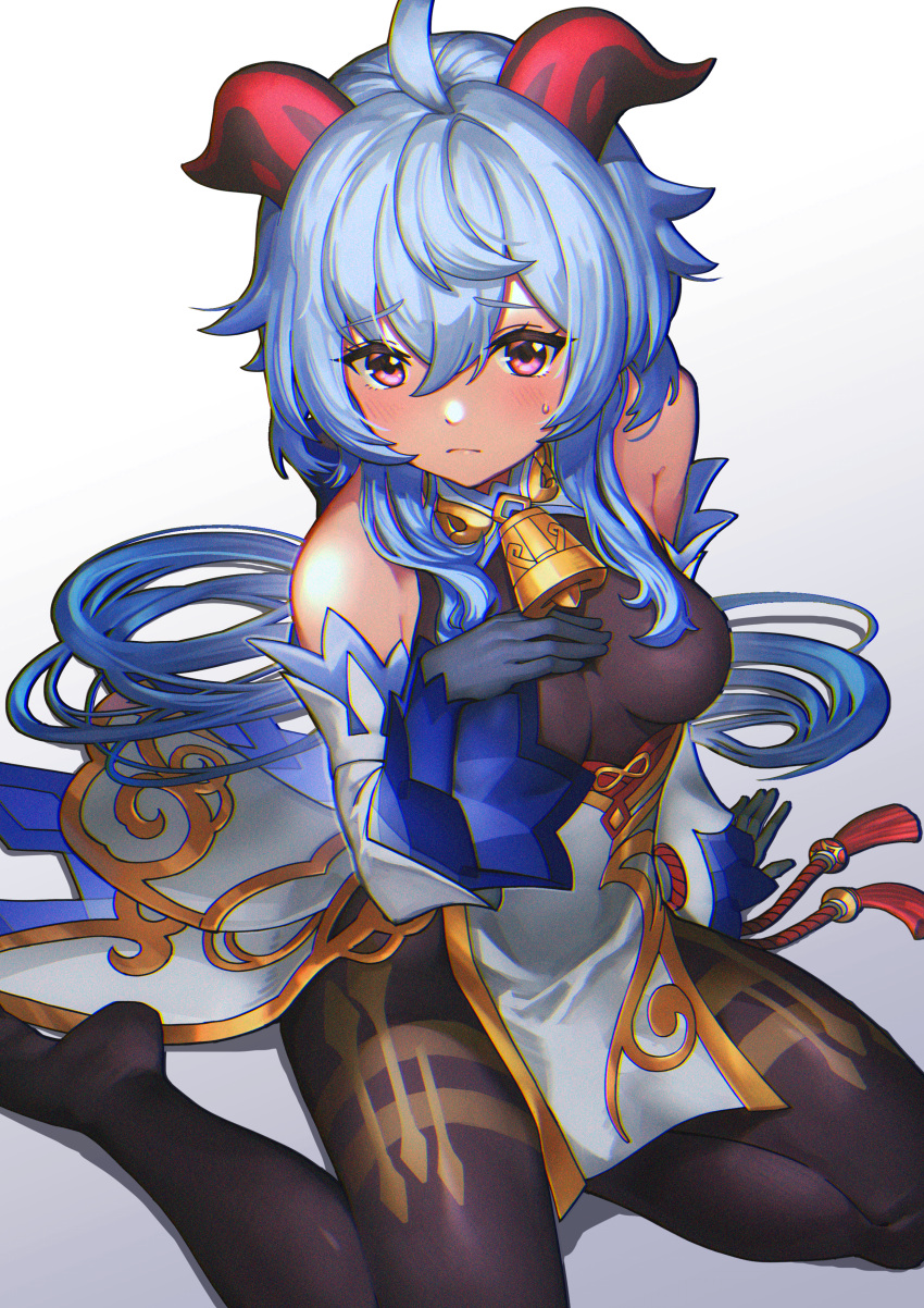 absurdres, ahoge, bangs, bare_shoulders, bell, black_gloves, black_legwear, blue_hair