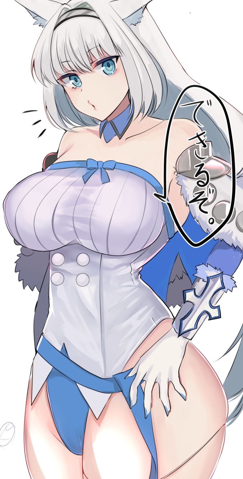 1girl, absurdres, bangs, bare_shoulders, blue_eyes, blue_legwear, blush, breasts