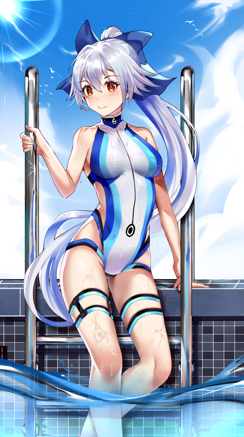 1girl, absurdres, blue_bow, blue_jacket, blue_swimsuit, bow, breasts, cropped_jacket, fate/grand_order, fate_(series), hair_bow, highleg, highleg_swimsuit, highres, jacket, long_hair, mcic0, medium_breasts, multicolored, multicolored_clothes, multicolored_swimsuit, one-piece_swimsuit, ponytail, red_eyes, short_sleeves, shrug_(clothing), silver_hair, solo, standing, striped_wristband, swimsuit, tomoe_gozen_(fate/grand_order), tomoe_gozen_(swimsuit_saber)_(fate), two-tone_swimsuit, very_long_hair, wading, white_swimsuit