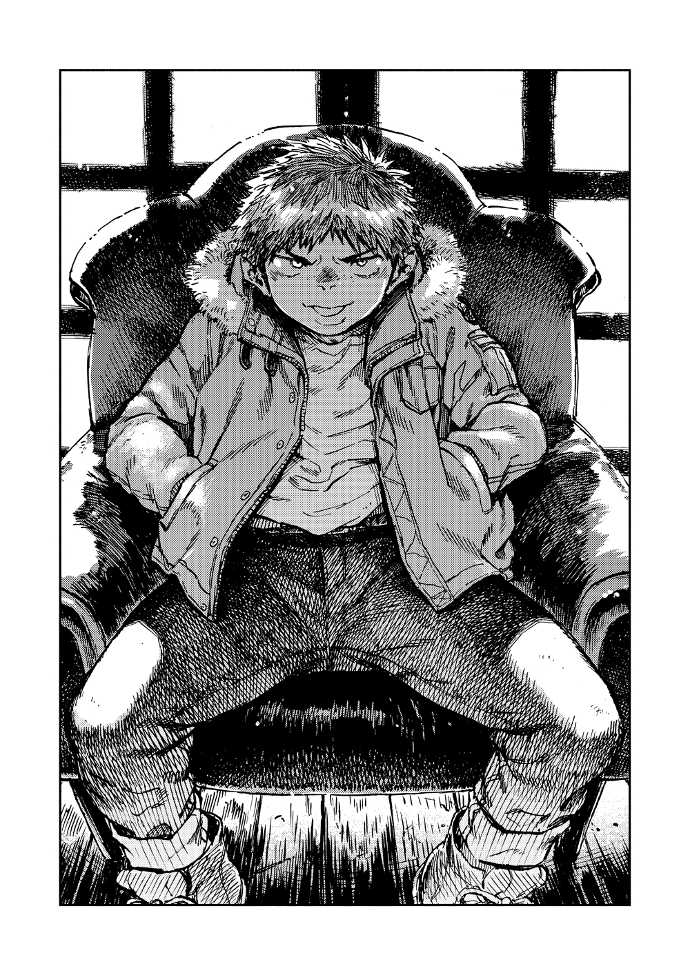 1boy, armchair, chair, child, coat, commentary_request, evil_eyes, evil_grin