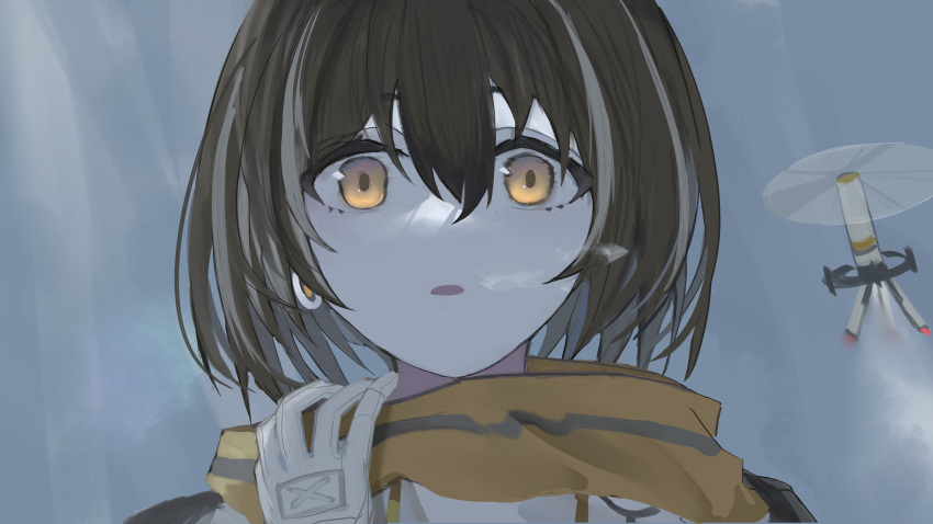 1girl, absurdres, arknights, bangs, blue_background, breath, brown_eyes, brown_hair, chinese_commentary, close-up, cold, commentary_request, drone, earrings, eyebrows_behind_hair, gloves, hair_between_eyes, highres, jewelry, linchuanzelaip, looking_at_viewer, magallan_(arknights), multicolored_hair, parted_lips, portrait, scarf, short_hair, silver_hair, solo, streaked_hair, two-tone_hair, white_gloves, yellow_scarf