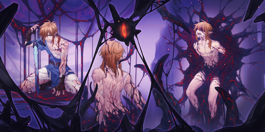 1boy, arsh_(thestarwish), belt, blonde_hair, blue_eyes, earrings, fingerless_gloves, gloves, highres, holding, jewelry, kneeling, knees_apart_feet_together, link, long_hair, male_focus, malice_(zelda), nude, open_mouth, pointy_ears, ponytail, restrained, shirt, short_hair_with_long_locks, sidelocks, single_eye, slit_pupils, spread_legs, sword, tentacles, the_legend_of_zelda, the_legend_of_zelda:_breath_of_the_wild, topless_male, torn_clothes, torn_legwear, torn_shirt, triptych_(art), weapon