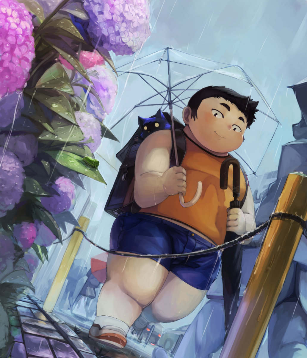1boy, black_eyes, black_hair, blue_shorts, blush, child, dog, flower