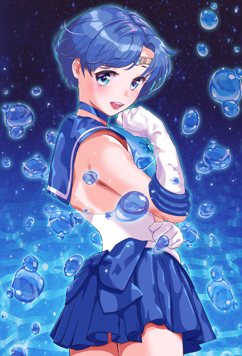 1girl, back_bow, bangs, bishoujo_senshi_sailor_moon, blue_bow, blue_choker, blue_eyes, blue_hair, blue_sailor_collar, blue_skirt, bob_cut, bow, choker, commentary_request, earrings, elbow_gloves, from_side, gloves, hand_on_own_arm, highres, jewelry, leotard, looking_at_viewer, magical_girl, mannbou41, miniskirt, mizuno_ami, oyaman, pleated_skirt, sailor_collar, sailor_mercury, sailor_senshi_uniform, short_hair, skirt, sleeveless, smile, solo, standing, stud_earrings, tiara, white_gloves, white_leotard