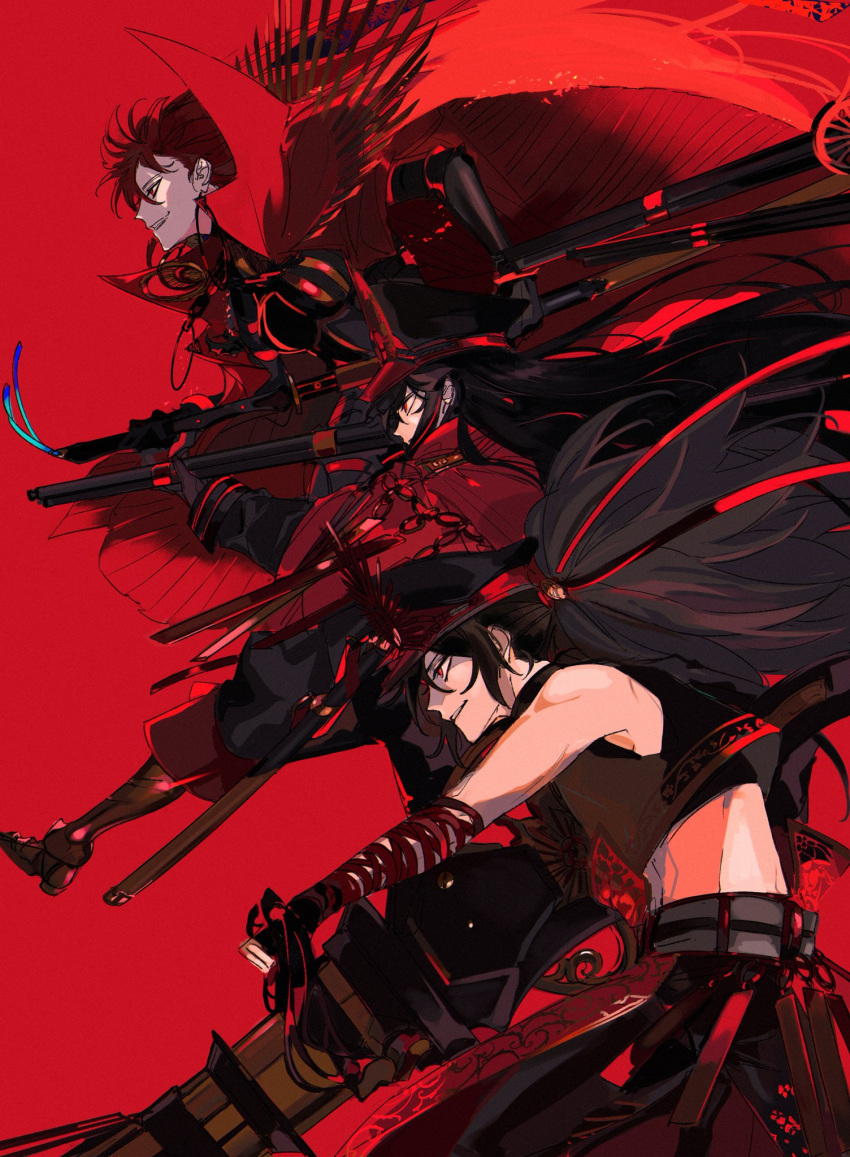1boy, 2girls, age_difference, armor, armored_boots, armpits, asymmetrical_clothes, bangs