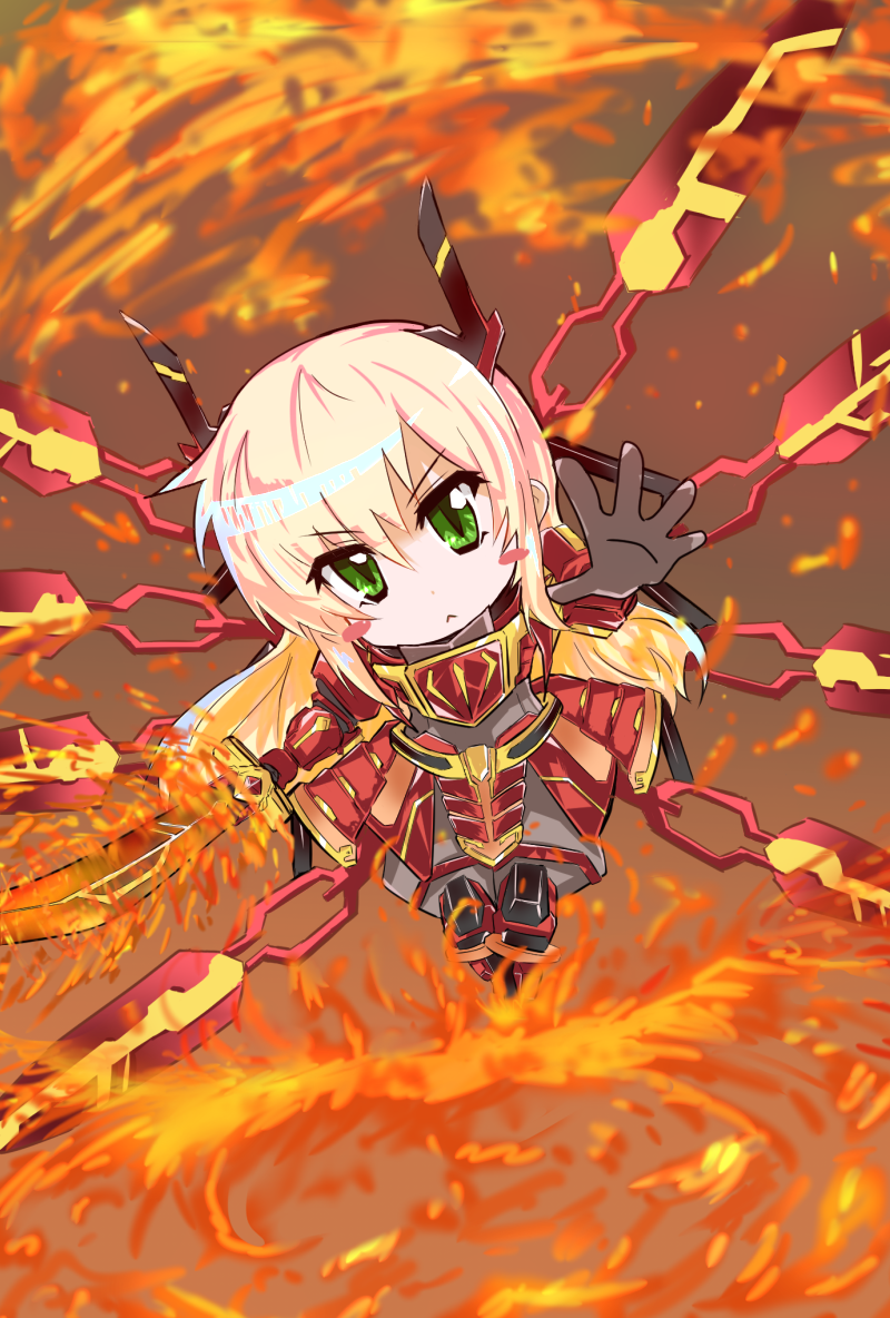 absurdres, armor, blonde_hair, blue_eyes, bodysuit, breastplate, breasts, covered_navel, duel_monster, fire, highres, holding, holding_sword, holding_weapon, long_hair, open_mouth, sky_striker_ace_-_kagari, solo, sword, weapon, yu-gi-oh!, yuu-gi-ou, yuyurori
