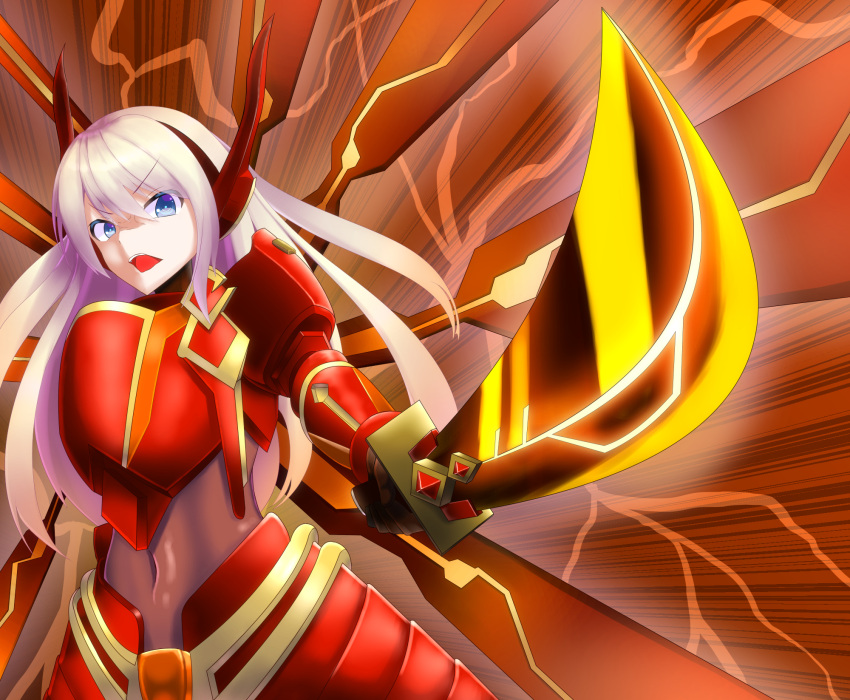 absurdres, armor, blonde_hair, blue_eyes, bodysuit, breastplate, breasts, covered_navel