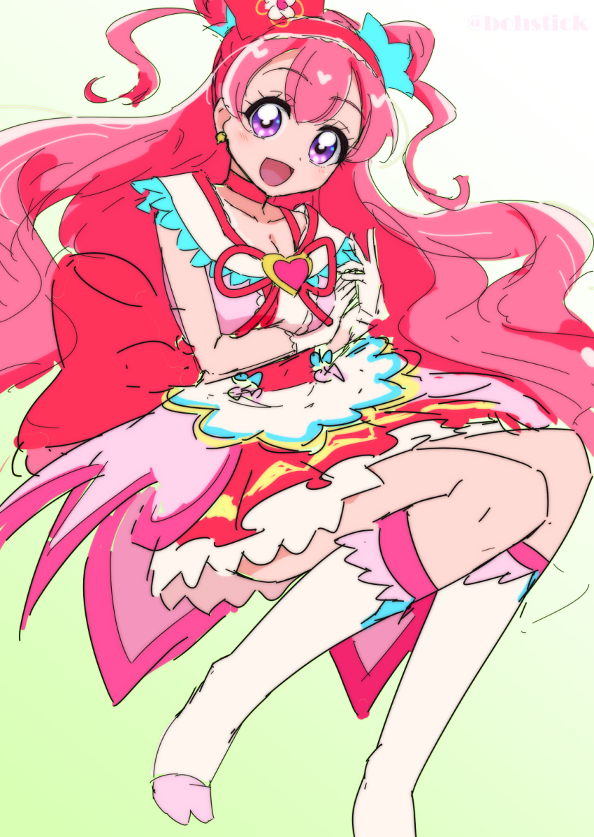 1girl, :d, blush, bohstick, choker, commentary_request, cure_precious, delicious_party_precure, earrings, eyelashes, hair_ornament, hair_ribbon, happy, highres, jewelry, long_hair, magical_girl, nagomi_yui, pink_choker, pink_hair, pink_theme, precure, purple_eyes, ribbon, simple_background, sketch, smile, solo