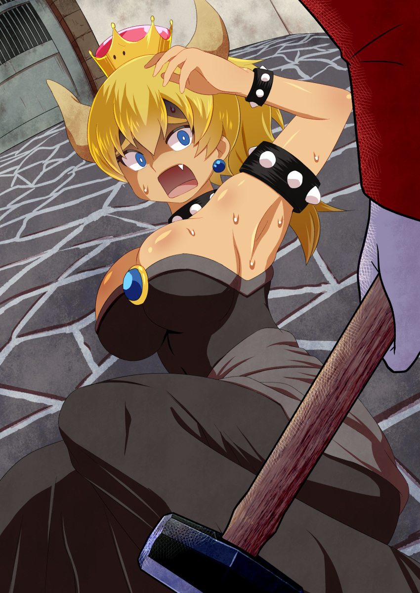 1boy, 1girl, absurdres, armlet, armpits, bangs, black_collar, black_dress, blonde_hair, blue_eyes, bowsette, bracelet, breasts, cobblestone, collar, commentary_request, dress, earrings, fang, feet_out_of_frame, gloves, hammer, highres, holding, holding_hammer, horns, jewelry, large_breasts, long_dress, long_hair, long_sleeves, looking_at_another, mario, new_super_mario_bros._u_deluxe, open_mouth, red_shirt, scared, shirt, spiked_armlet, spiked_bracelet, spiked_collar, spikes, strapless, strapless_dress, super_crown, super_mario_bros., suyarou, sweat, upper_body, white_gloves