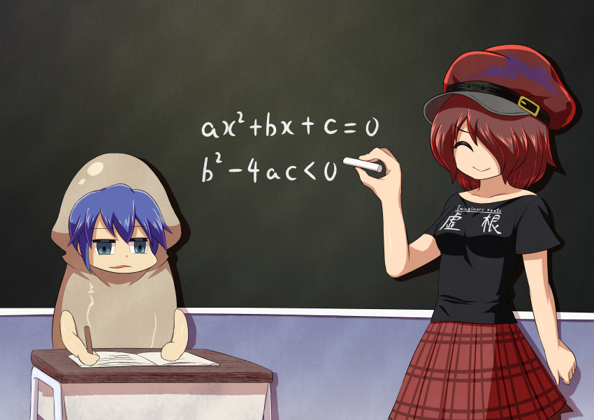 2girls, bangs, black_shirt, blue_eyes, blue_hair, chalk, chalkboard, closed_eyes, closed_mouth, commentary_request, cookie_(touhou), cowboy_shot, desk, equation, hecatia_lapislazuli, highres, holding, holding_pencil, ktgijgkgdusimn_(cookie), math, multiple_girls, open_mouth, pencil, plaid, plaid_skirt, red_headwear, red_skirt, redhead, shirt, short_hair, skirt, smile, squid_costume, suyarou, touhou, yorigami_shion, zerukalo_(cookie)