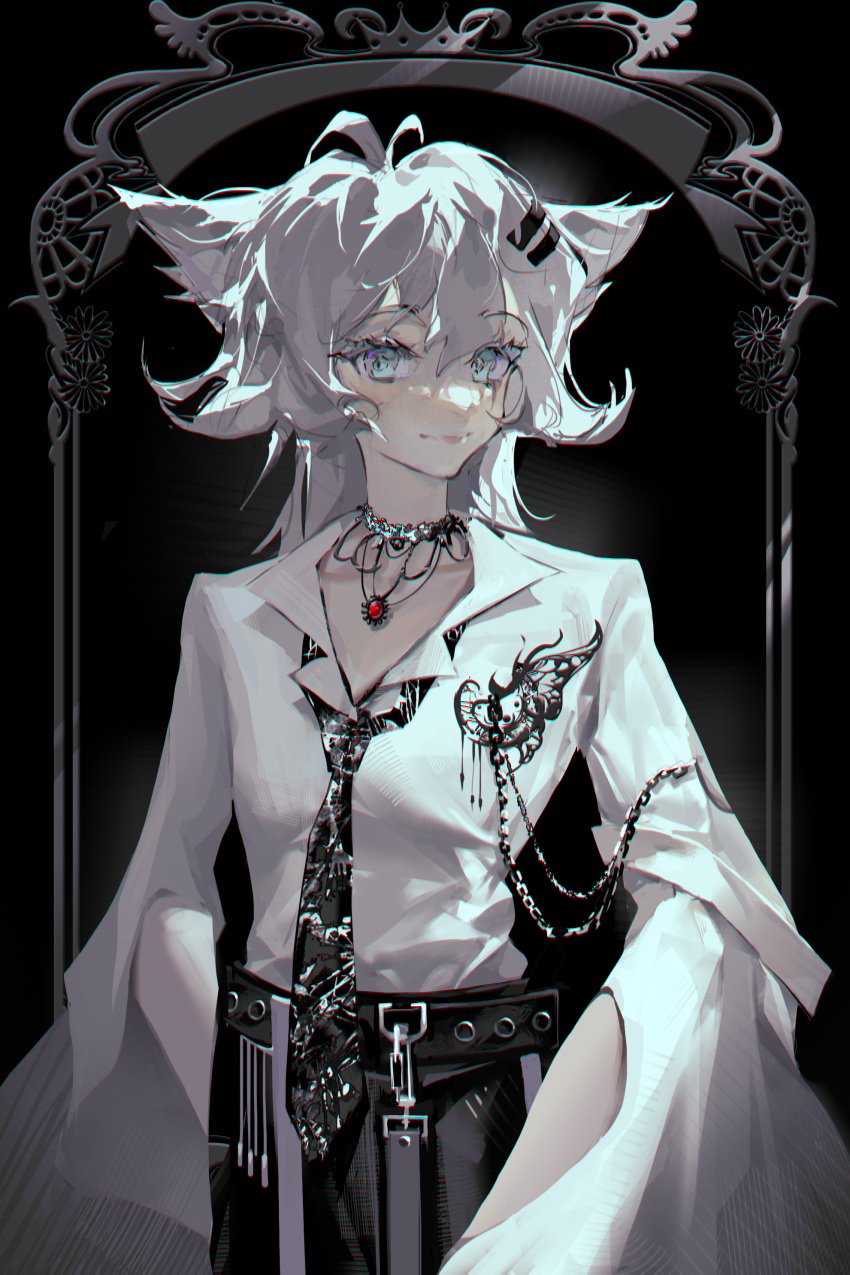 1girl, absurdres, alternate_costume, animal_ears, arknights, bangs, belt, black_background
